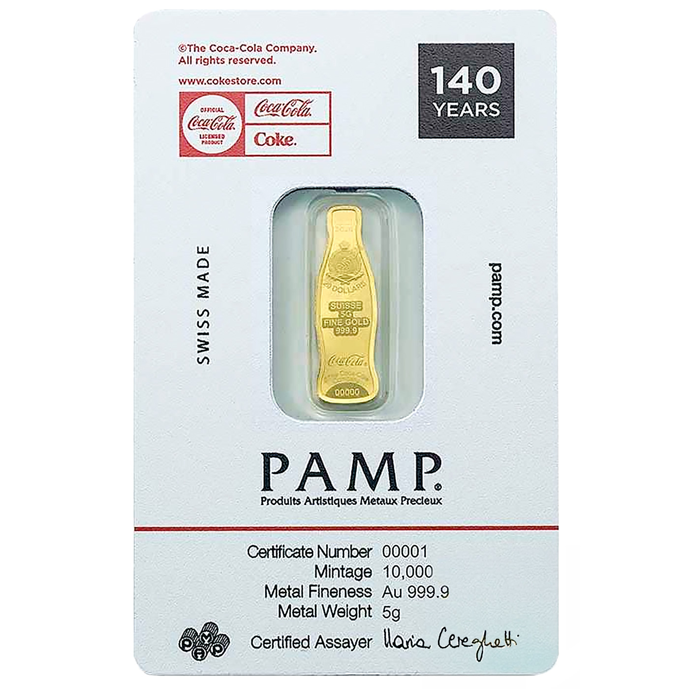 Zadní strana 5g PAMP Coca Cola 140 Years Anniversary befektetési aranyrúd