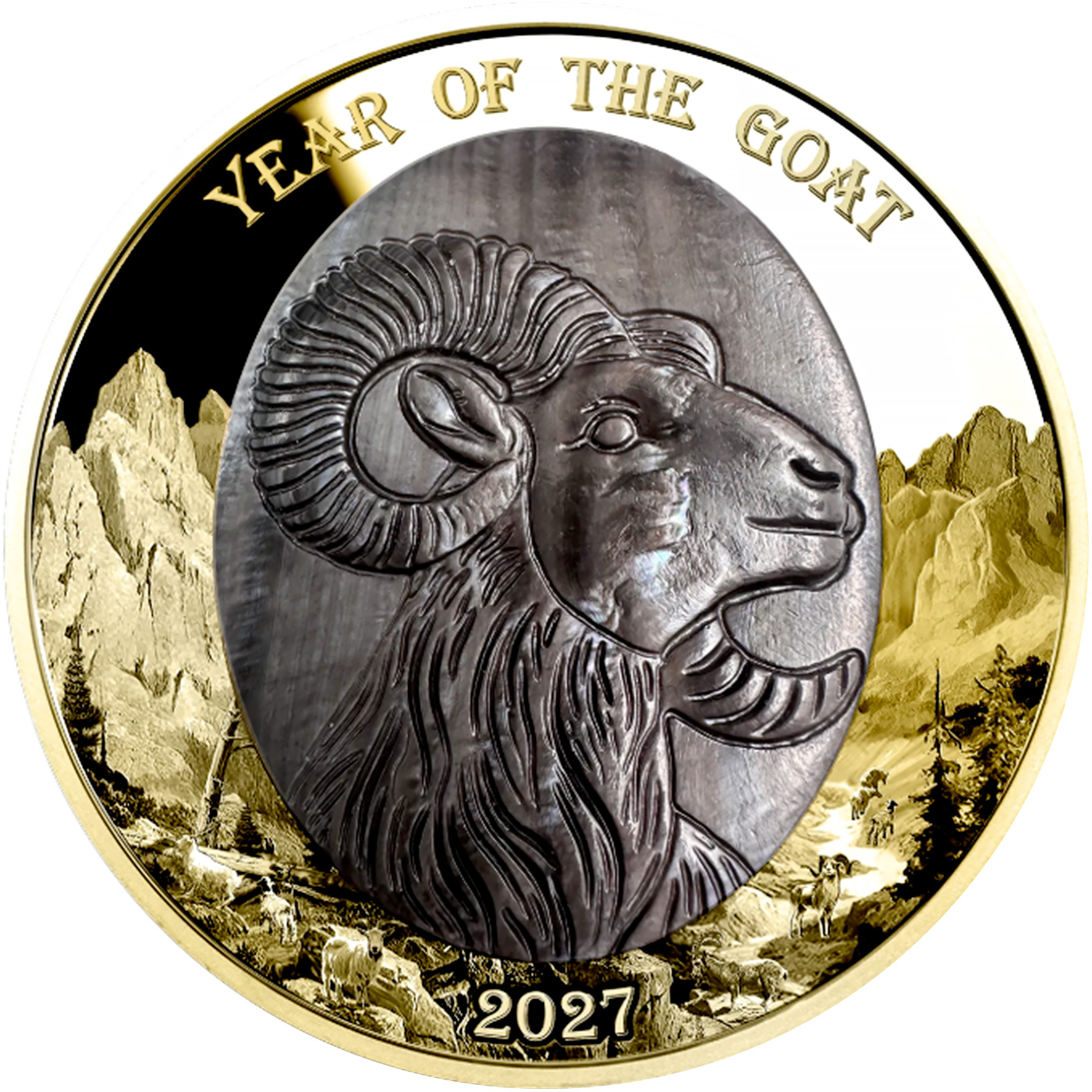 Přední strana Zlatá mince 5 Oz Year of the Goat - Rok Kozy 2027 Perleť Proof