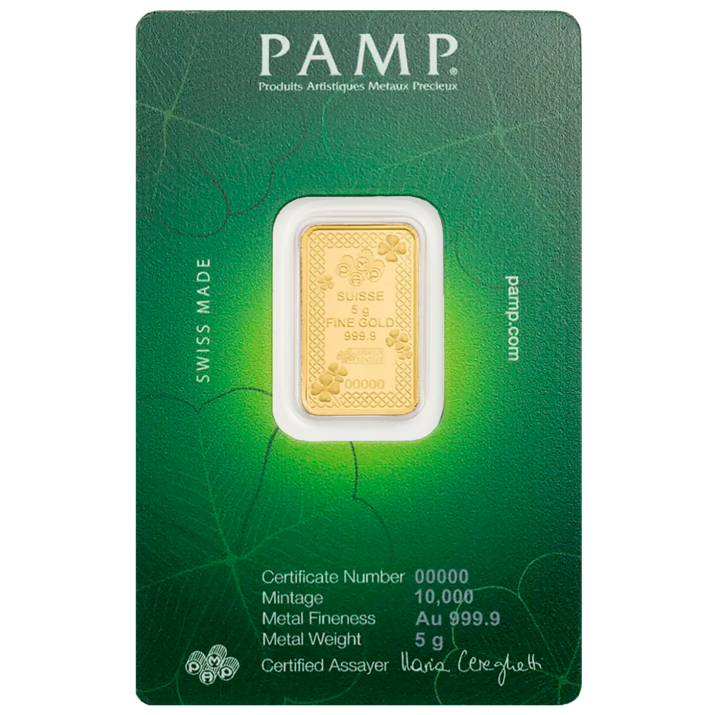 Zadní strana 5g PAMP Lucky Charm Four-Leaf Clover Investiční zlatý slitek