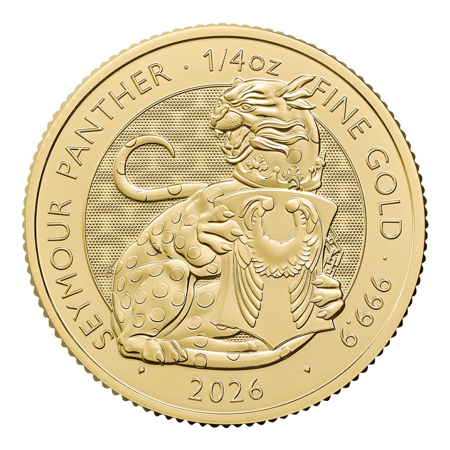 Přední strana Zlatá investiční mince The Royal Tudor Beasts - The Seymour Panther 1/4 Oz 2026