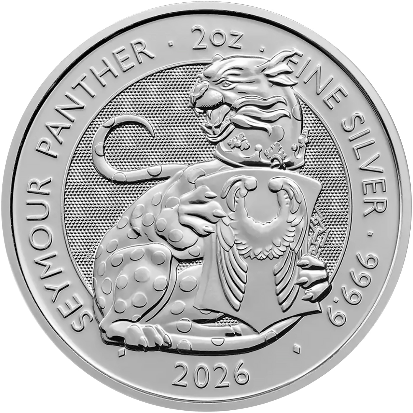 Přední strana Stříbrná investiční mince The Royal Tudor Beasts - The Seymour Panther 2 Oz 2026