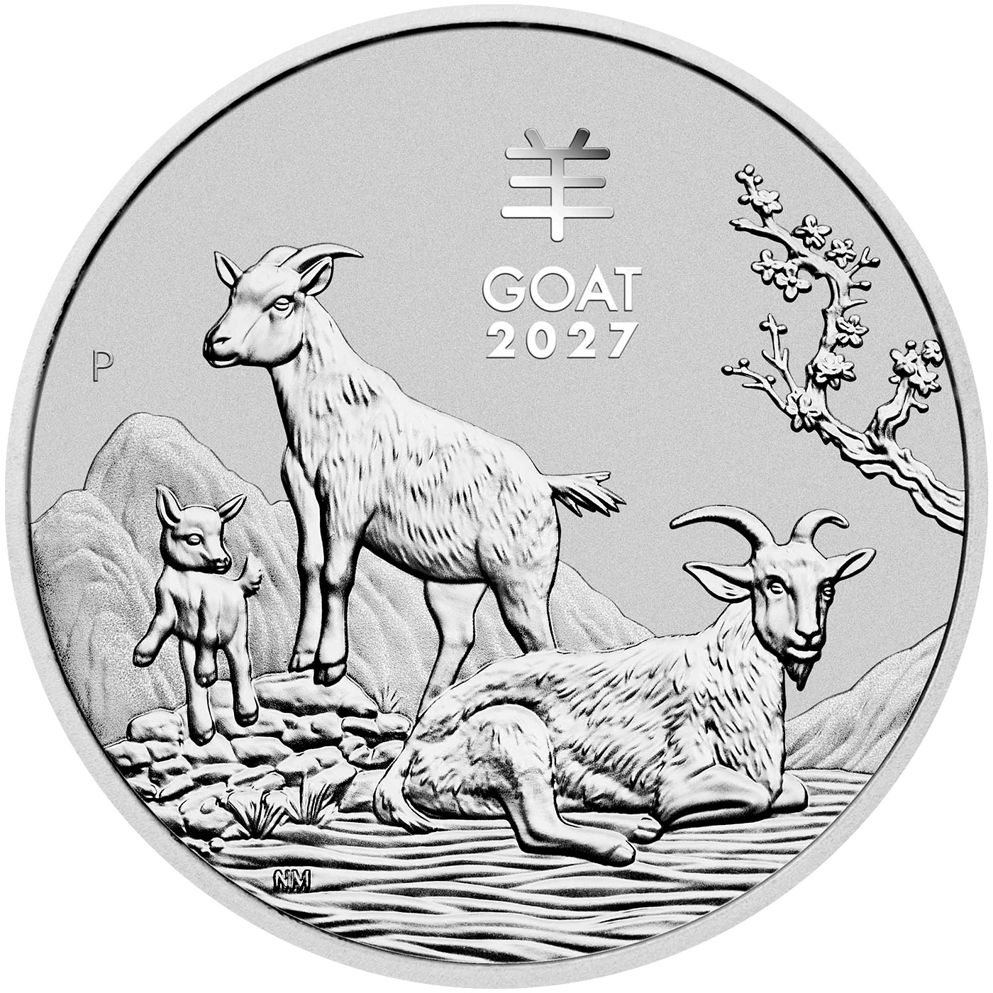 Přední strana Stříbrná investiční mince Year of the Goat Rok Kozy Lunární 2 Oz 2027