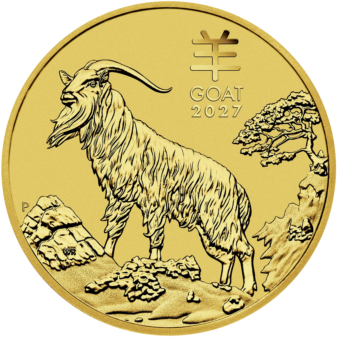 Přední strana Zlatá investiční mince Year of the Goat Rok Kozy Lunární 1 Oz 2027