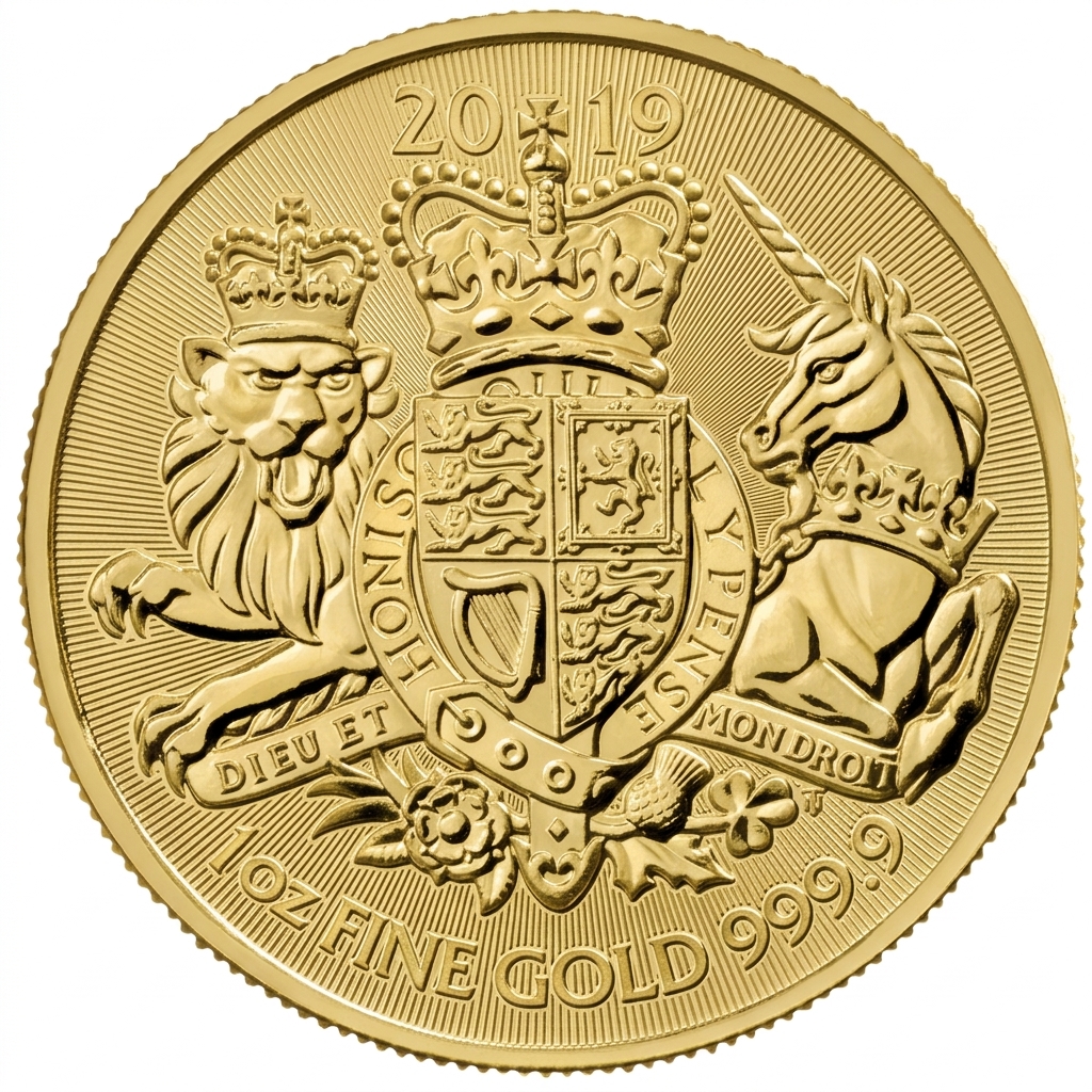 Přední strana Zlatá investiční mince Royal Arms 1 Oz 2019