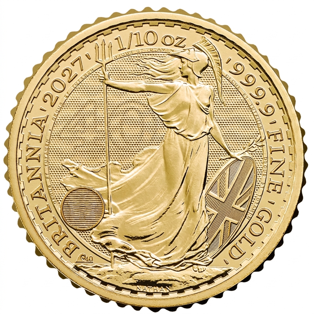 Přední strana Zlatá investiční mince Britannia 40. výročí 1/10 Oz 2027