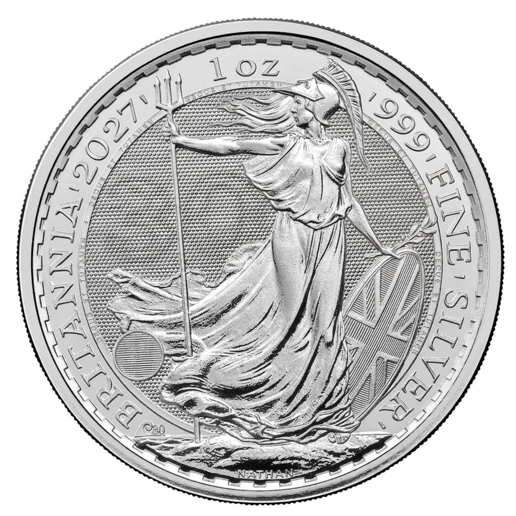 Přední strana Stříbrná investiční mince Britannia 30. výročí 1 Oz 2027